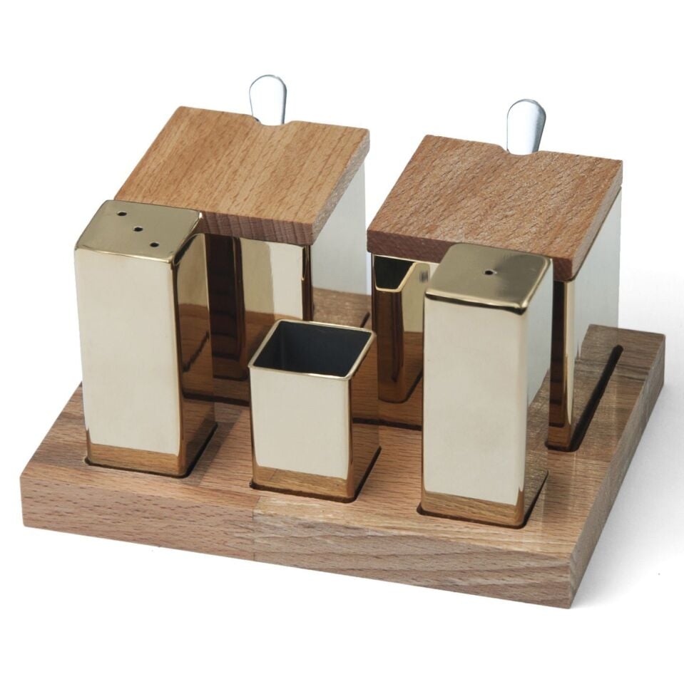Ahşap Standlı Kare 5'li Tuzluk Takımı Altın