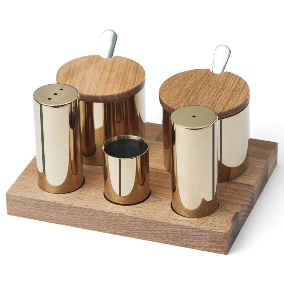 Ahşap Standlı Yuvarlak 5'li Tuzluk Takımı Altın