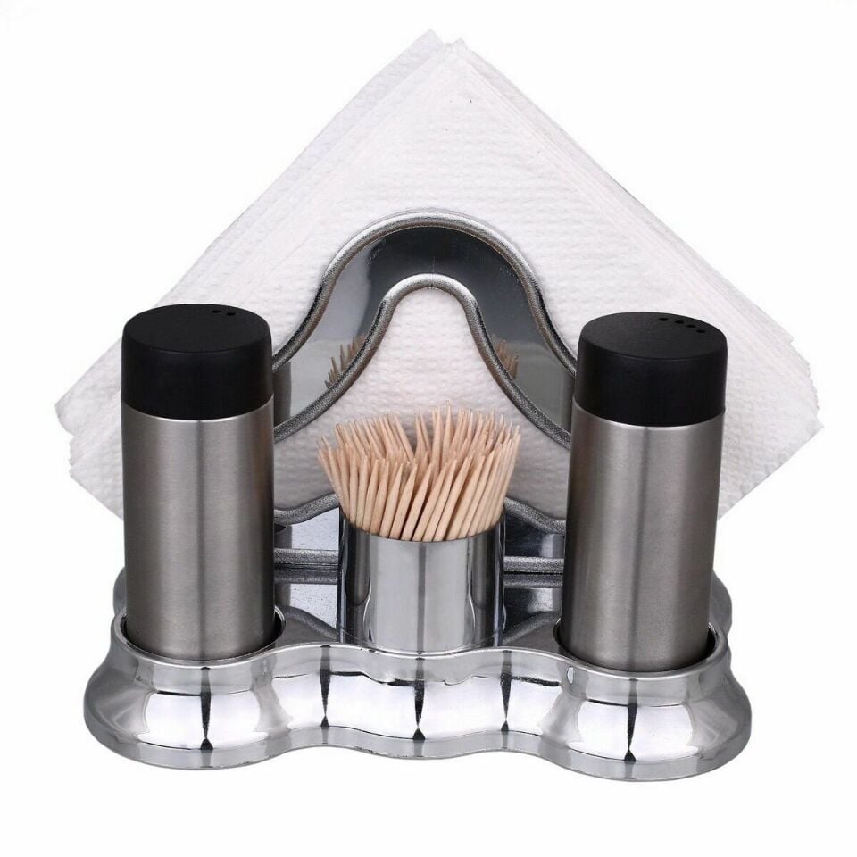 Krom Plastik Stand Peçetelikli Tuzluk Takımı