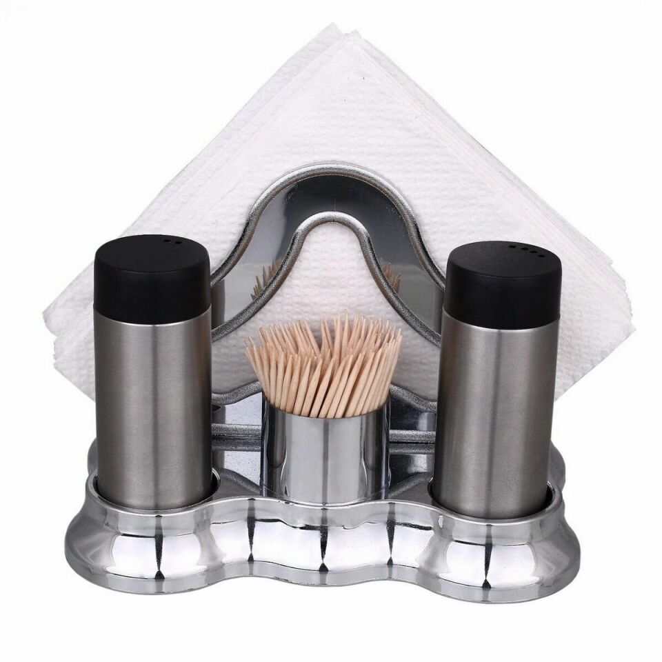 Krom Plastik Stand Peçetelikli Tuzluk Takımı