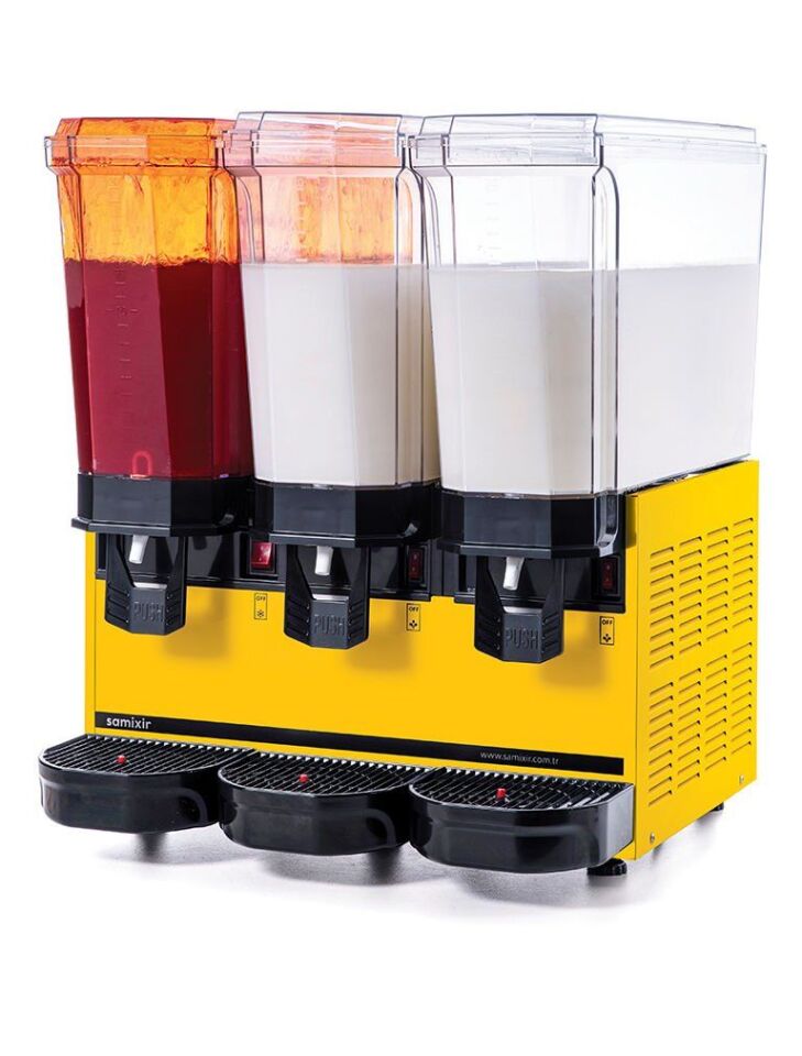 SAMIXIR Klasik Triple, 1 Fıskiyeli, 2 Karıştırıcılı Soğuk İçecek Dispenseri 20+20+20 Litre Sarı