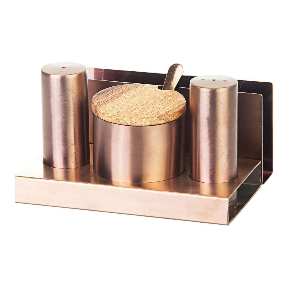 Yuvarlak 4'lü Tuzluk-Baharatlık Takımı Bakır